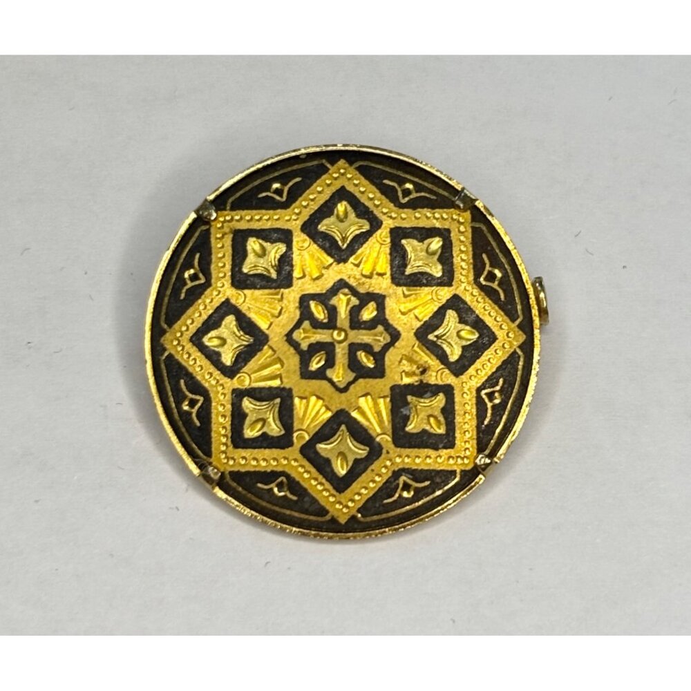 Vintage Gold-Tone & Black damascene gold brooch pin Round Pin Brooch With Intric
